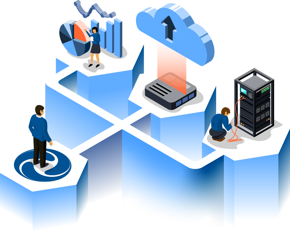 isometric illustration of a managed service provider standing on the portal logo looking at three benefits of portal.
