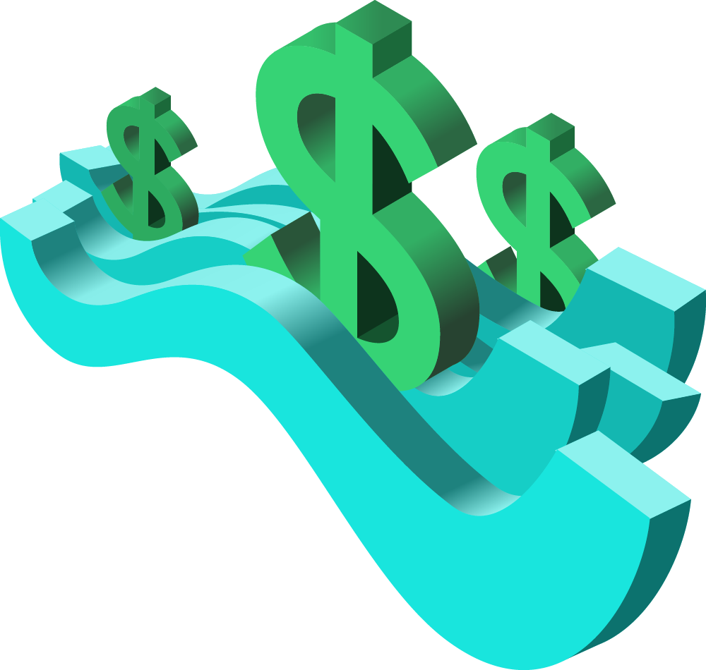 Isometric illustration of dollar signs in a stream